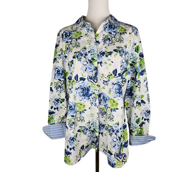 Charter Club Floral Shirt XL Button Contrasting Flip Cuff Blue & Green - Picture 1 of 11